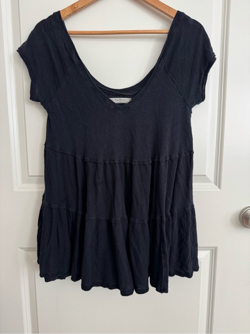 We The Free-Black Tiered Short Sleeve V-Neck Women's Top